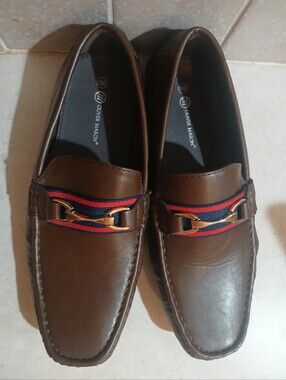 Oliver Mason men's faux leather loafers, brown, & gold tone horsebit detail 9M